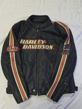 Vintage Harley-Davidson Black Leather Jacket with Orange and Cream Stripes